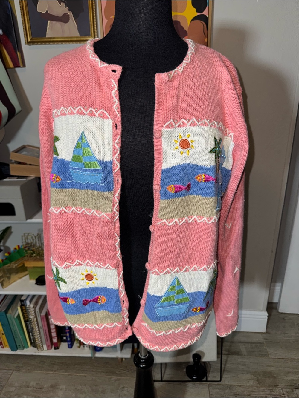 Vintage Pink Beach Scene Knit Cardigan
